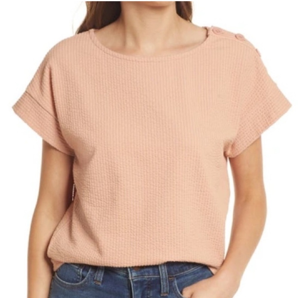 Madewell Seersucker Button-Shoulder Short Sleeve Top L Antique Coral